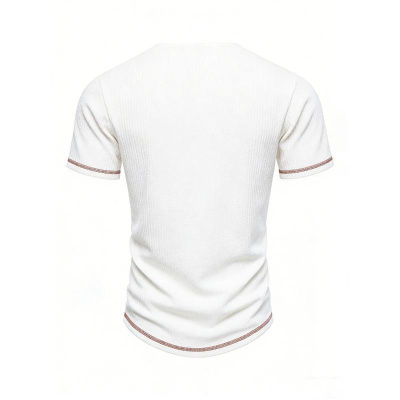 Men's Ribbed Henley Short Sleeve T-Shirt Contrast Leather Placket Casual Muscle Fit Top