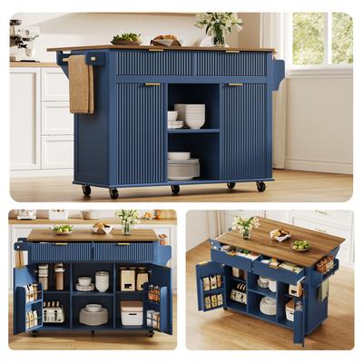Kitchen Island On Wheels 120 X 45 Cm with Foldable Countertop, Kitchen Cart with 2 Drawers, 2 Doors, Spice Racks and Towel Holders, Cloisonné Blue