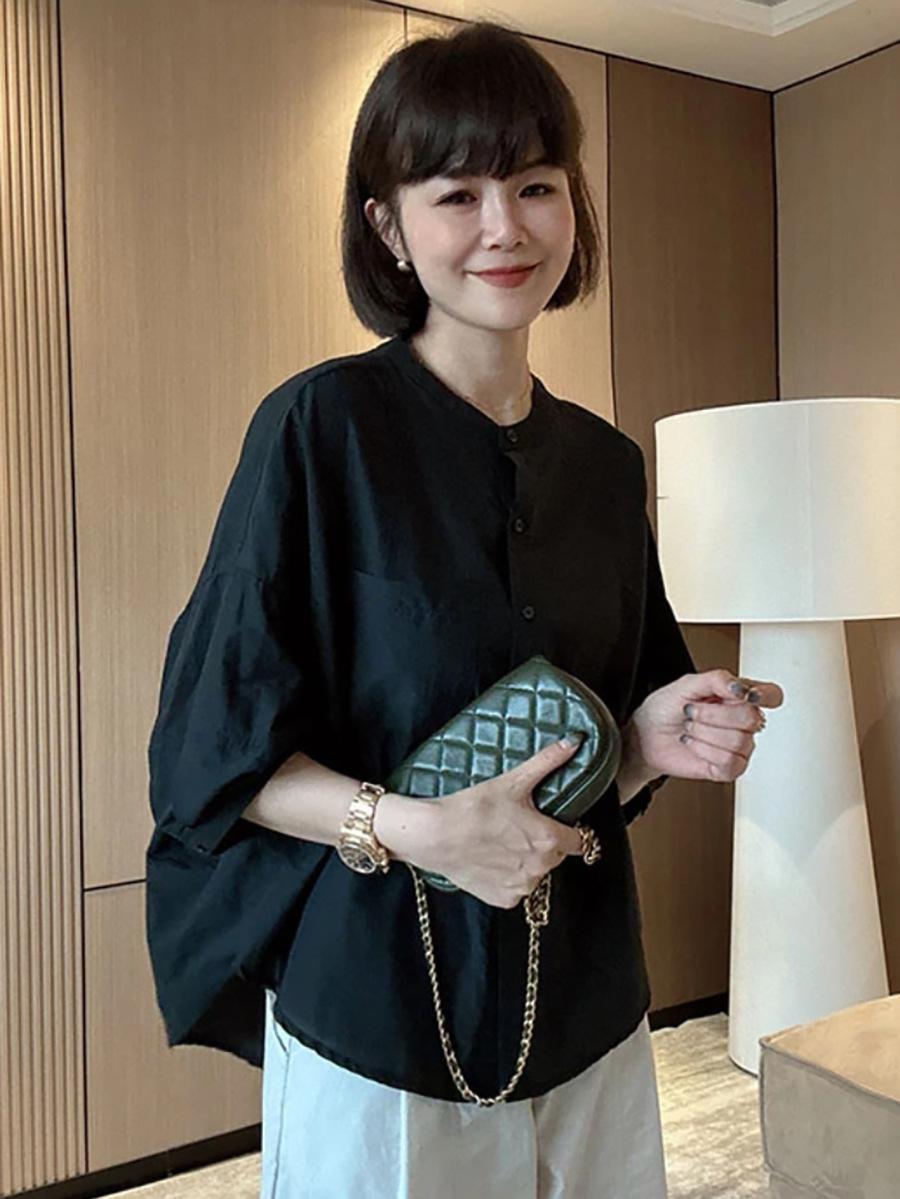 

2025 Французская женская черная летняя рубашка с пышными рукавами - Короткий рукав, Свободный крой, Приталенный стиль Medium чёрный