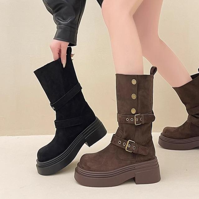 Retro two-wear locomotive boots for women's autumn and winter new belt buckle heightened small thick heel thick-soled Martin short boots