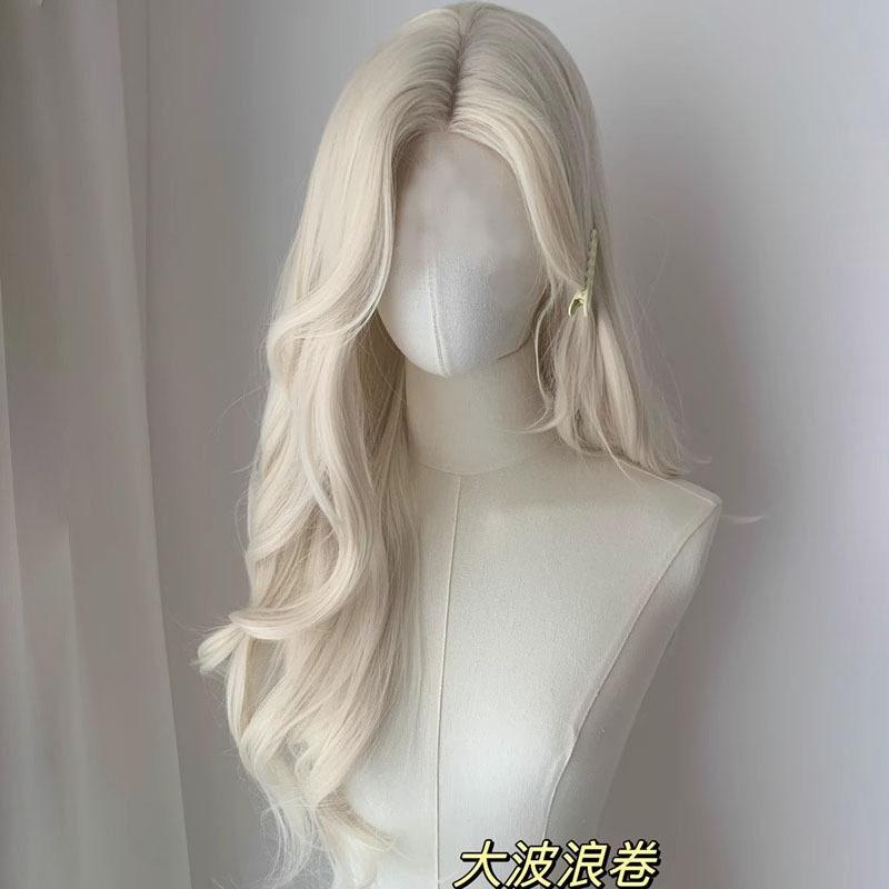 White Gold Long Curly Synthetic Wig High Quality Fashion Big Wave Bangs Women's Hair Wig