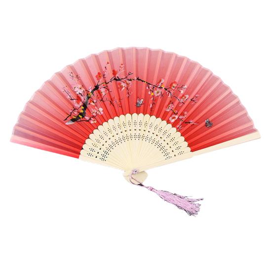 Folding Fan Anti-deform Chinese Style Bamboo Tassel Flower Printed Handheld Fan for Home