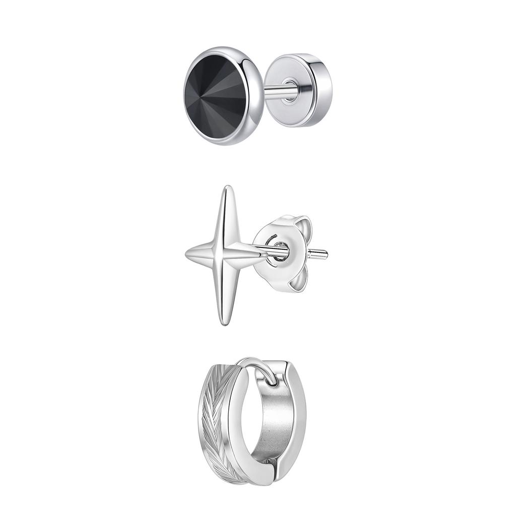 3pcs Black Stainless Steel Stud Earrings for Men,Anti Allergy Blue Crystal Zircon Stud Earrings,Piercing Earring Jewelry Set