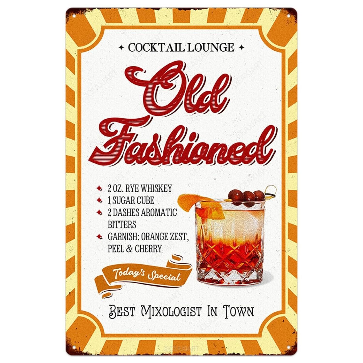 Cocktail Poster Vintage Metal Signs Old Fashioned Cocktail Recipes Tin Sign D Bar Decor Man Cave Decor Classic Design Nos 20x30cm(7.8x11.8inch)