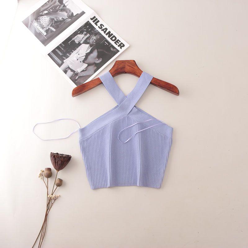 American Fashion Brand Cross Hanging Neck Cami Summer Rib Solid Sexy Short Knitted Top Women