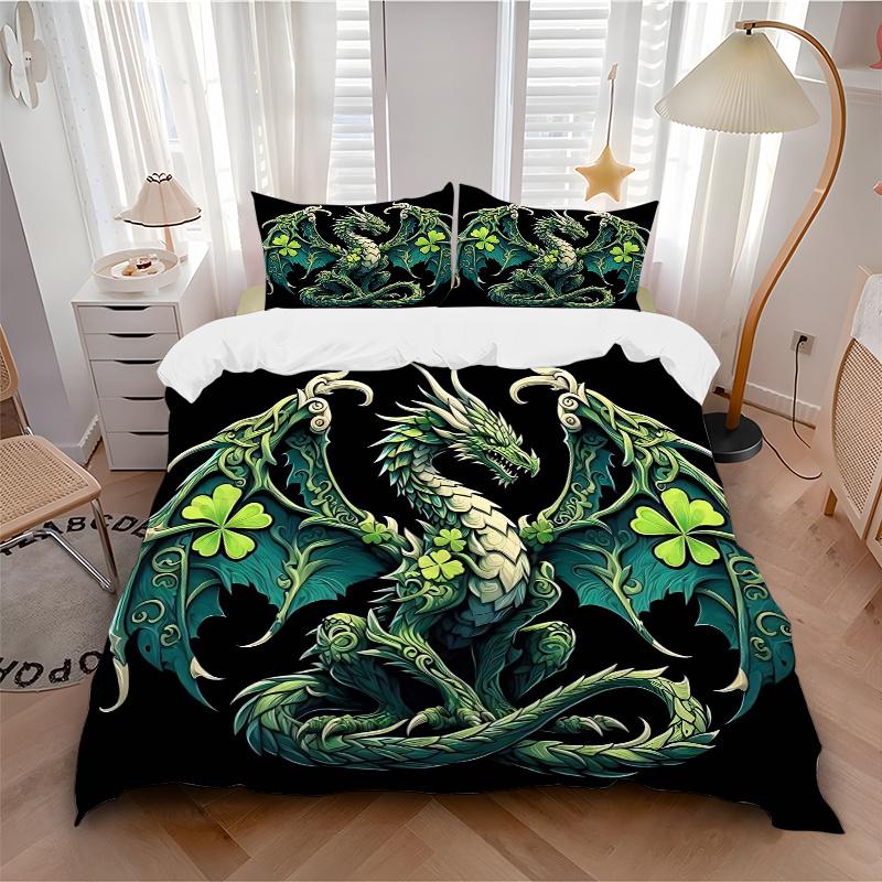 3pcs Green Clover Dragon Bedding Set 1 Soft Quilt Cover + 2 Pillowcases,  Suitable for All Seasons.J062