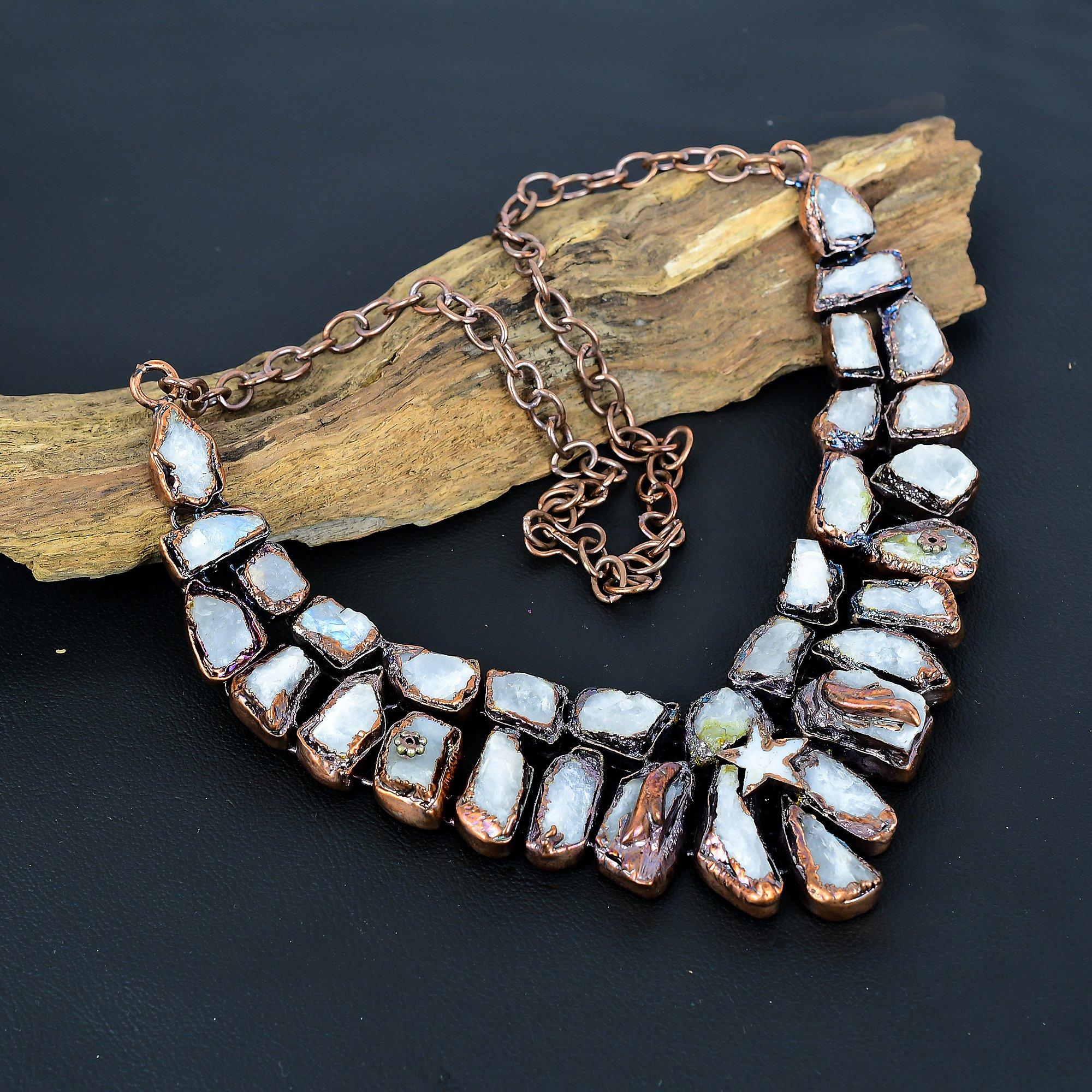 

Ожерелье из перламутра и натуральных камней ручной работы, ожерелье из меди, гальванизированное электроформовкой, антикварное украшение, регулируемое ожерелье, подарок на помолвку