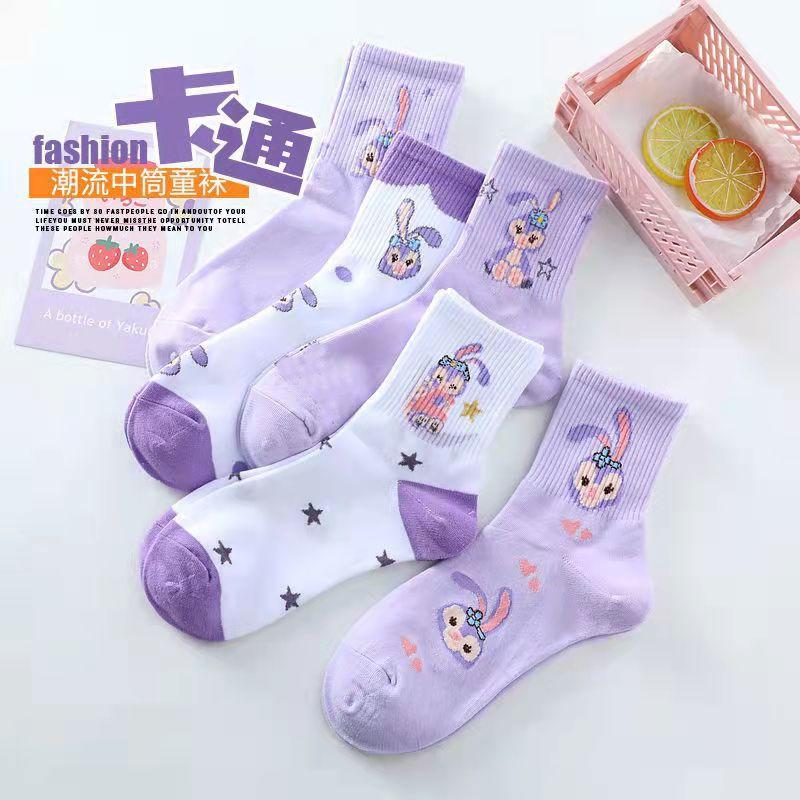 

5 пар детских фиолетовых носков с кроликами, осенне-зимние хлопковые носки до середины икры для девочек-принцесс 5-8 years old/