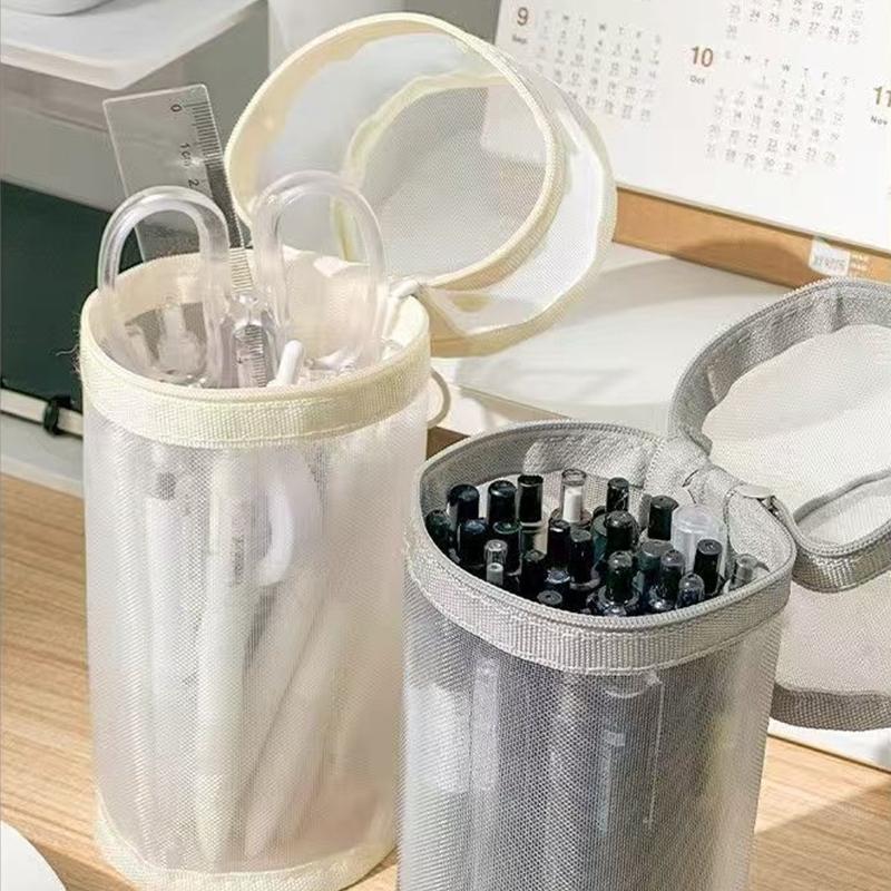 Mesh Dual-Use Makeup Brush Storage Bag Portable Brush Case Simple Large Capacity Brush Bucket Holder Travel Stand-Up Pouch