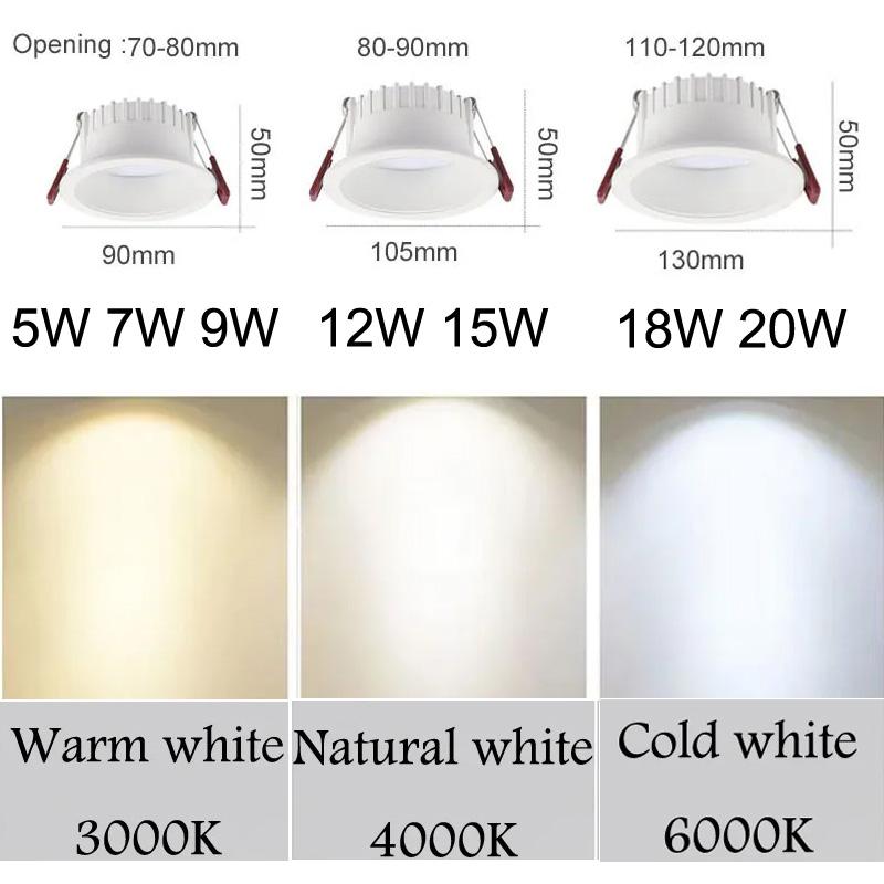 Dimmable LED Downlight Ceiling Lamp Anti Glare 7W 9W 12W 15W 18W LED Spot Lamp Backlight Indoor Lighting AC220V 110V