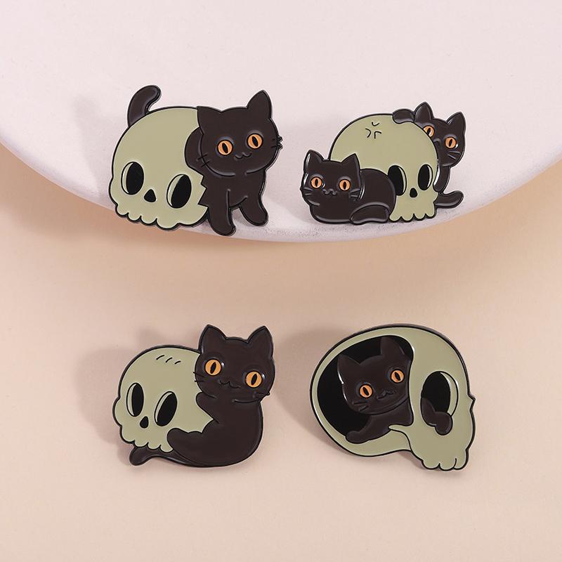 White Ghost With Cat Enamel Pins Spooky Pumpkin Skull Boo Kitten Halloween Brooches Lapel Badge Jewelry Gifts for Friends