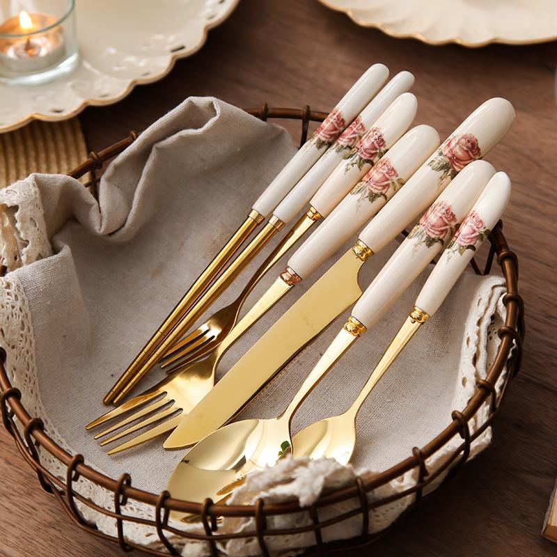 European Stainless Steel Knife, Fork and Spoon Home Ceramic Handle Steak Knife and Fork Golden Dessert Coffee Spoon Tableware