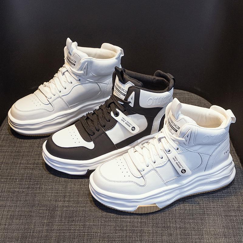 Zapatillas blancas de caña alta con suela gruesa para mujer 2025 - Terciopelo afelpado, estilo deportivo casual que combina con todo para otoño/invierno.