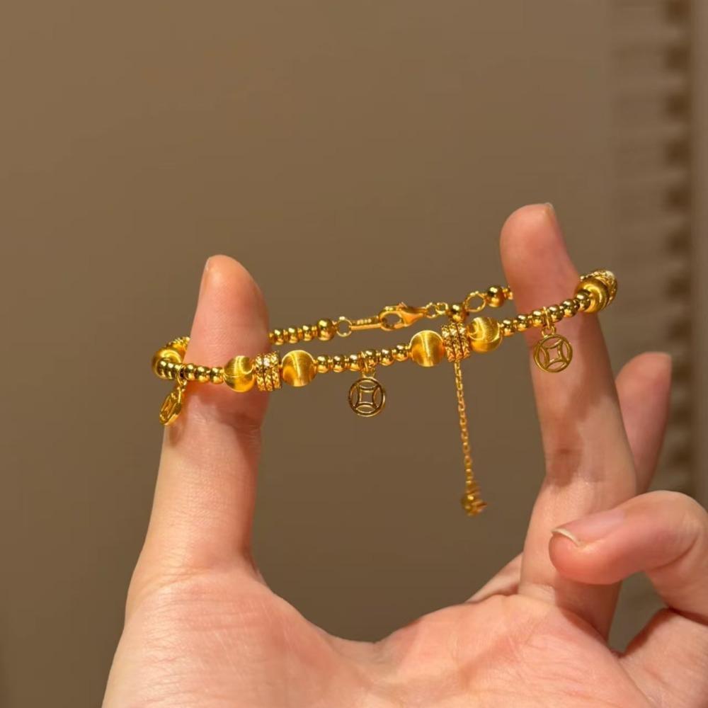 Gold Plated Coin Braided Bracelet with Brushed Cat Eye Beads Elegant Adjustable Money Jewelry for Women