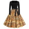 Women's Casual Christmas Print Square Neck Vintage Dress for Holiday Party