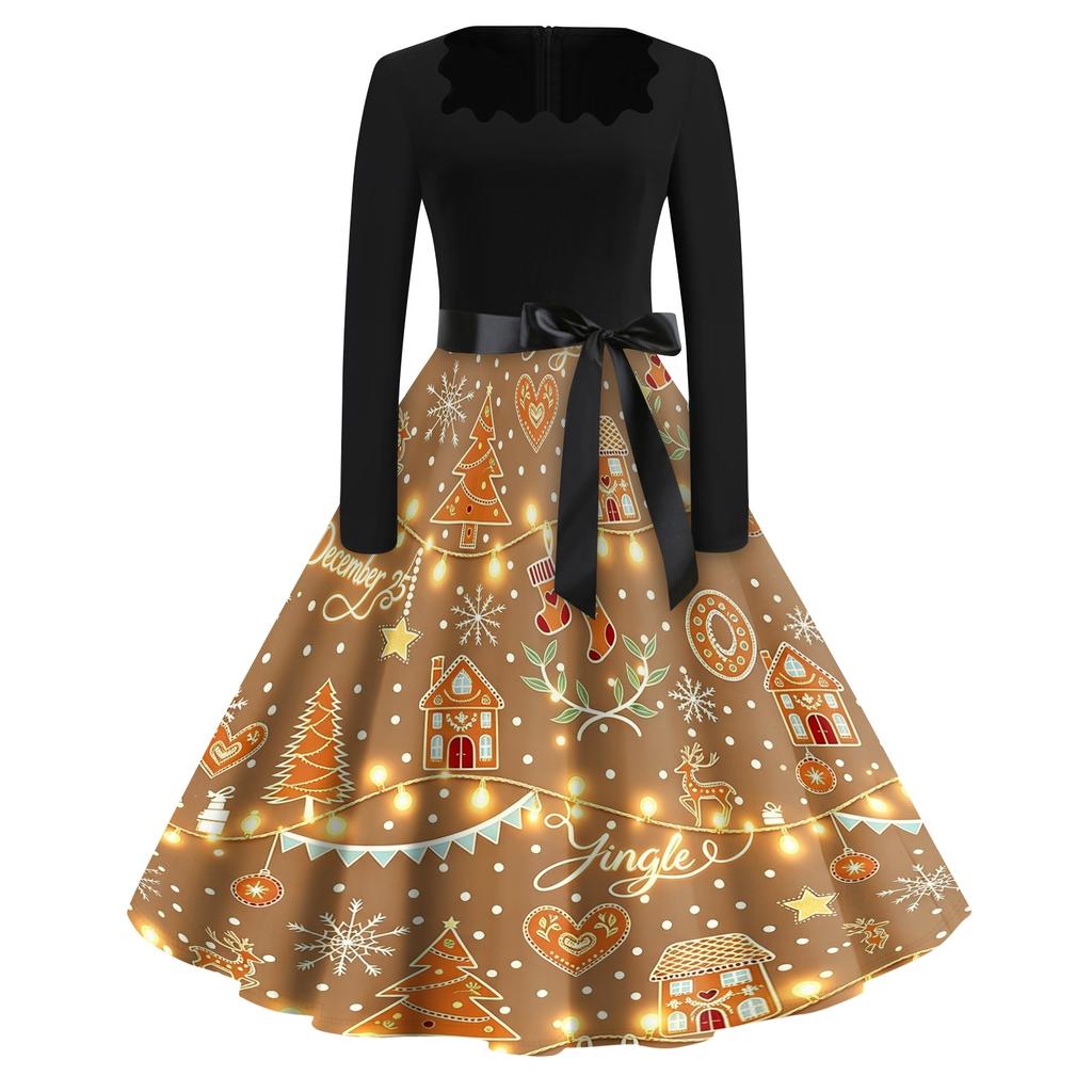 Women's Casual Christmas Print Square Neck Vintage Dress for Holiday Party