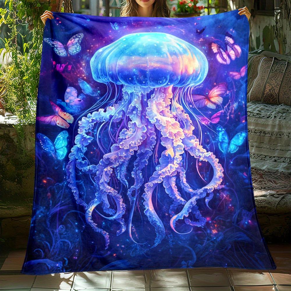 Colorful Jellyfish Butterfly OceanDeep Sea Art Blanket Flannel Soft Throw Blanket for Bedroom Decor Mystical Marine LifeDesign 75X95CM