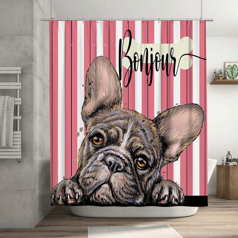 Hallo Französische Bulldogge Rosa Gestreifter Duschvorhang Für Badezimmerdekor Personalisierbare Größe Verfügbar