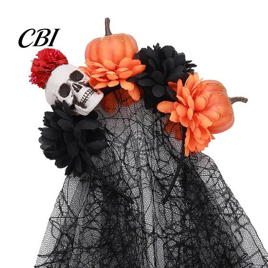Halloween Costume Headband Pumpkin Skull Floral Headband, Stable Hair Hoop with 3D Artificial Non-irritating Flowers And Spiderweb Black Gauze Gothic