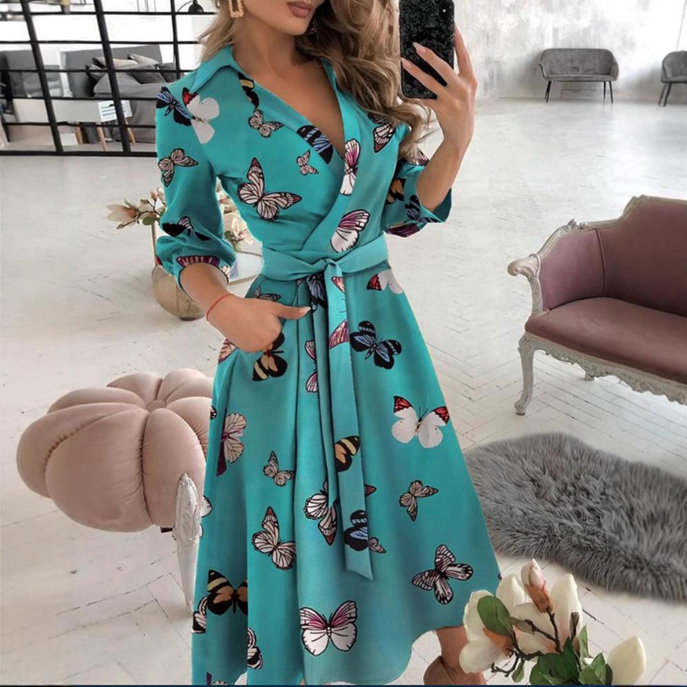 Women's Spring/Summer Fashion V-Neck Long-Sleeve Printed Hip Dress