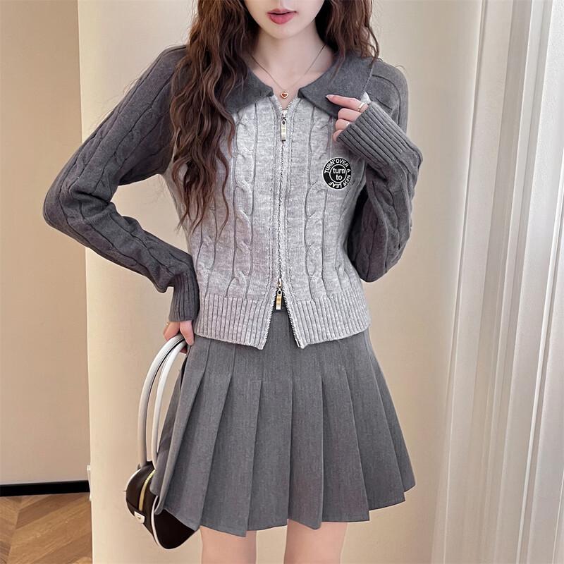 TonLion Women's Autumn Color-Block Cable-Knit Zip Cardigan