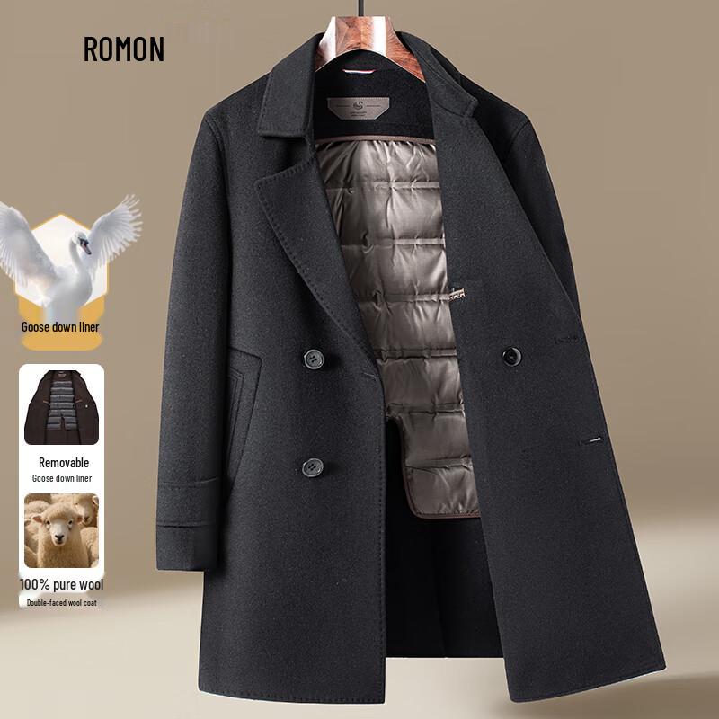 

Romon Men s Pure Wool Mid-Length Coat with Detachable Goose Down Liner 4XL