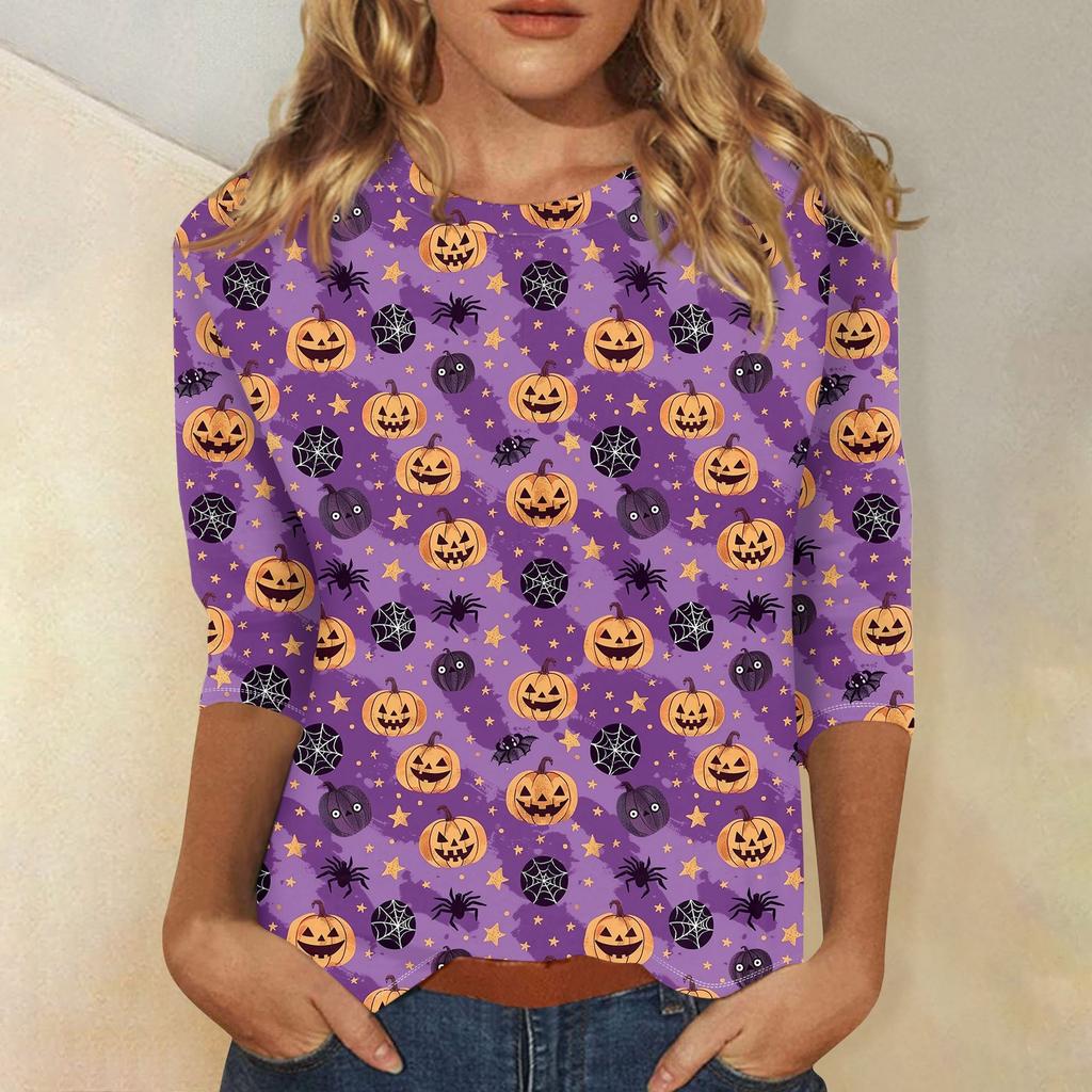 Damenmode Lässig Dreiviertelärmel Halloween-Print Rundhals-Top