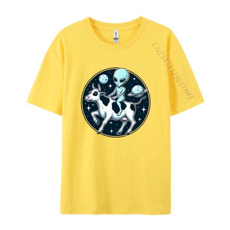 Alien Riding A Cow In Outer Space TShirt Graphic Tshirt Fitness Tight Tshirts Classic Cotton Men Casual
