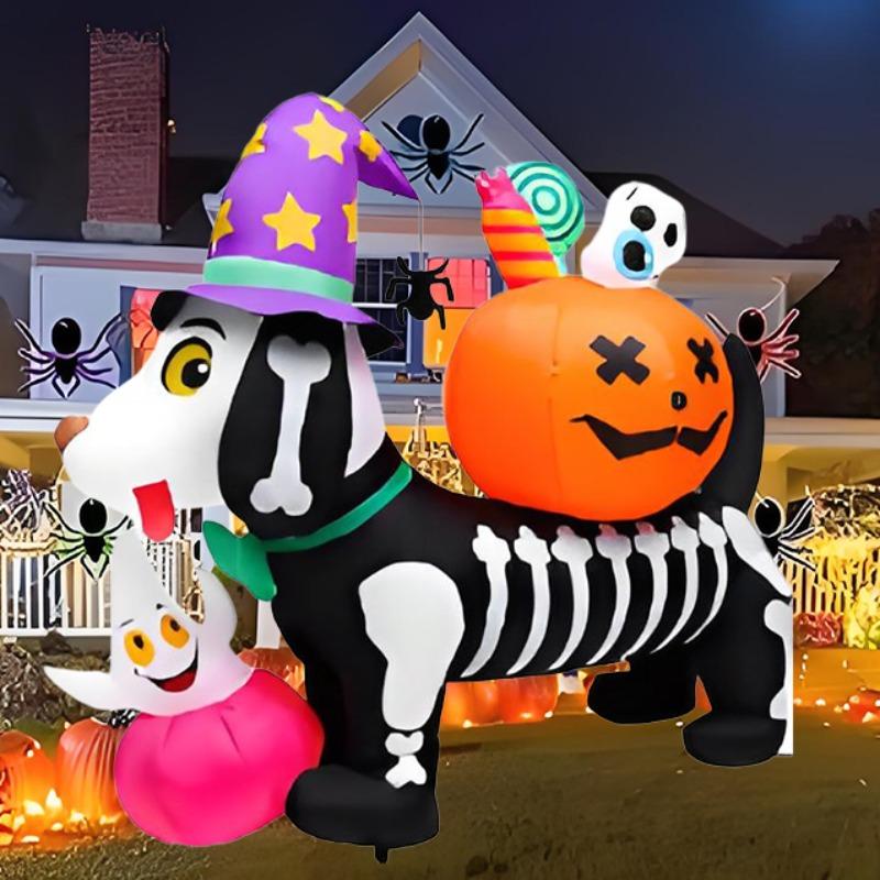 5FT Halloween Inflatable Toys Skeleton Dog with Pumpkin Decorations LED Light Up Blow Up Lawn Inflatable Model Outside Decor