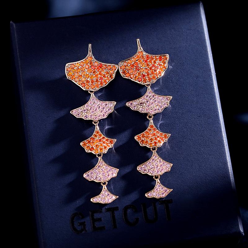 Micro Pave Colorful Zirconia Leaf Dangle Earrings for Women Brand Designer Luxury Wedding Temperament Ginkgo Biloba Earrings
