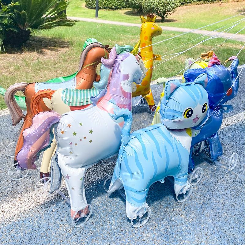 4D Dinosaur Dog Cat Standing Foil Balloons Animals Walking Balloon with Wheel for Kids Birthday Party Decoration Baby Shower