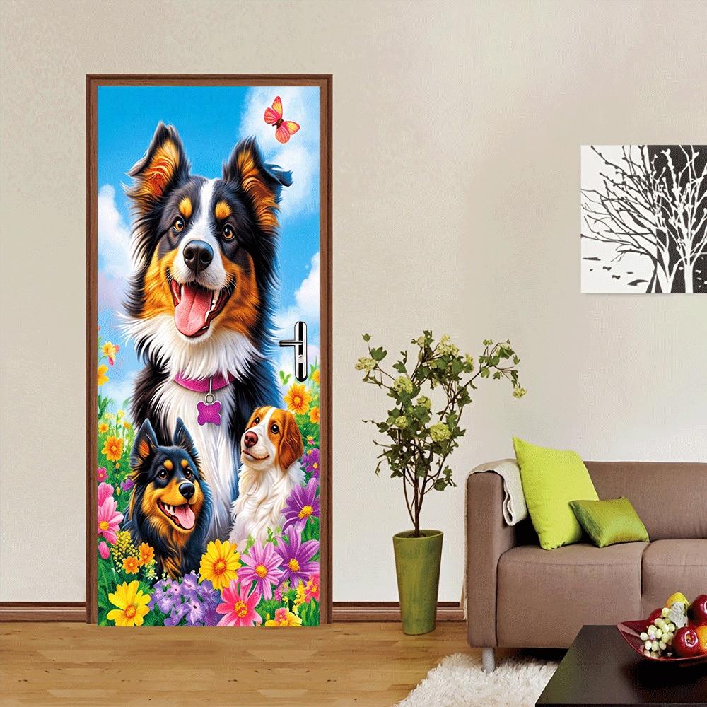 2pcs Warm and Cute Dog Wall Stickers Living Room Bedroom Children's Room Decoration Stickers Cartoon Animal Flowers Self Adhesiv