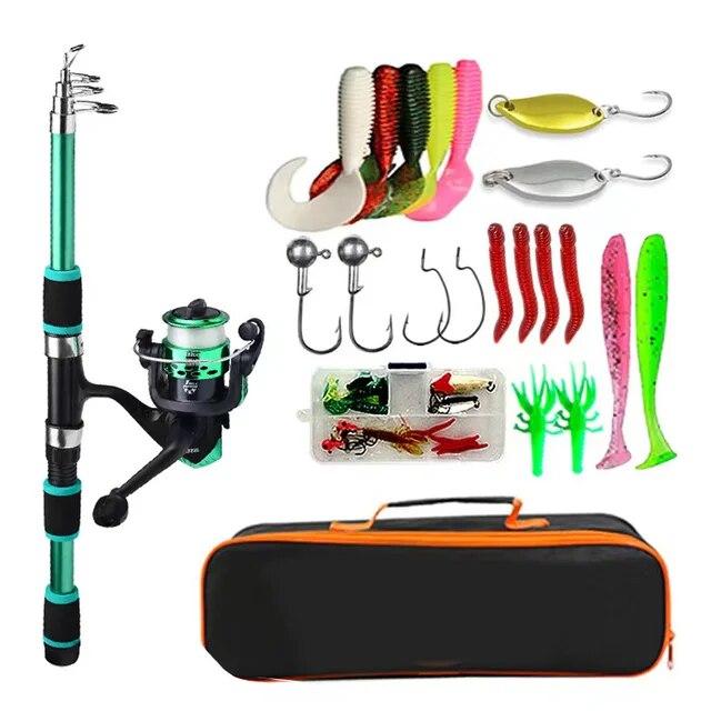 New Fishing Rod Set Complete Carbon Fiber 1.8m Telescopic Fishing Rod and 5.2:1 Swivel Aluminum Reel Bait Hook Travel Rod Set
