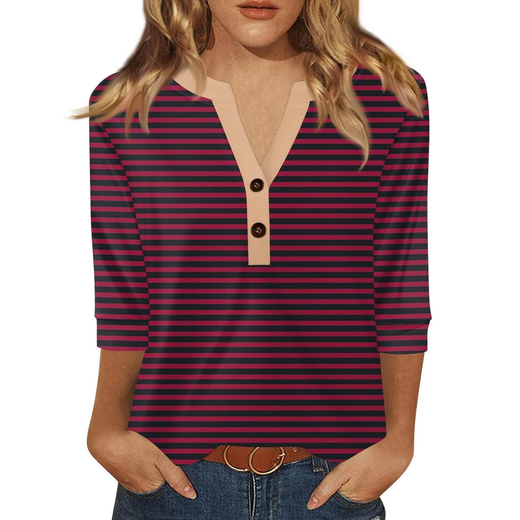 Damen T-Shirt mit Aufdruck, Knopfleiste, 3/4-Ärmel, für den Alltag, Wochenendmode, Basic, V-Ausschnitt, normales Oberteil