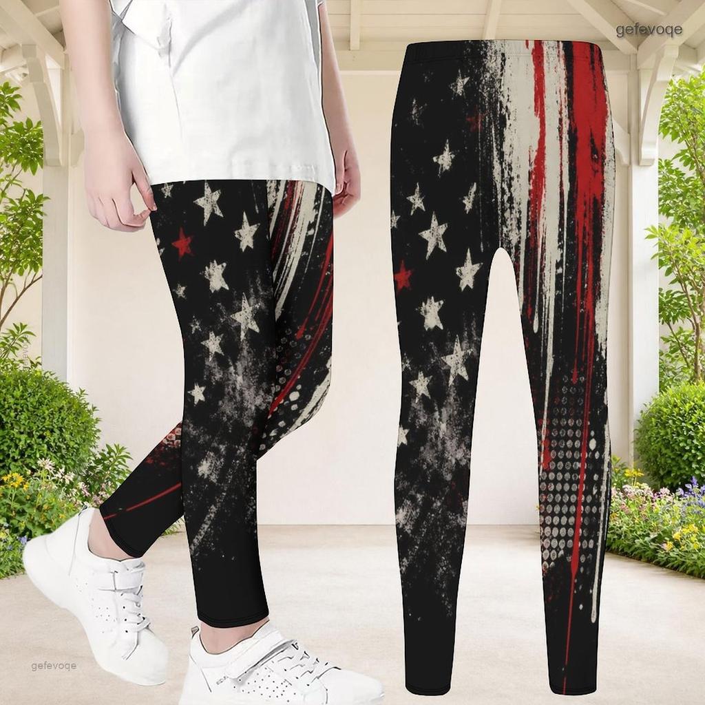 Girls Printed Full Length Fitted Yoga Leggings Black Red White Stretch Waist Pants
