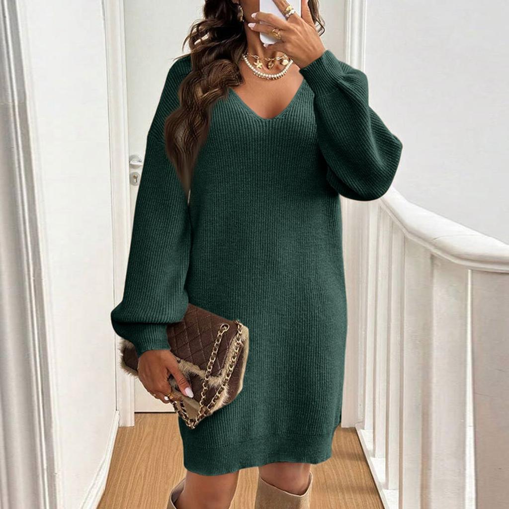 Women's V-Neck Knit Pullover Dress, Slim Fit Sweater Dress for Fall Winter