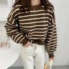 Back Slit Retro Short Section Round Neck Pullover Striped Sweater Female Thick Section Loose Round Neck Knitted Bottoming Shirt Outer Wear
