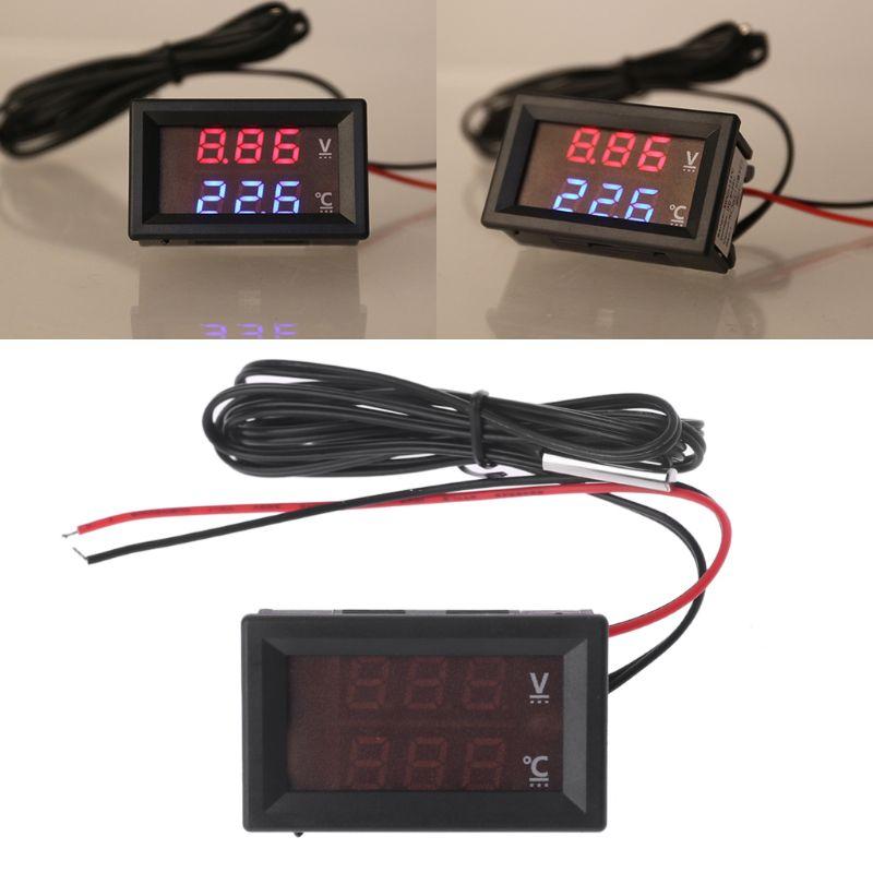 12V 24V Car Voltmeter with Cables LED Digital Display Voltmeter Panel Temperature Gauge Square-shaped Tester