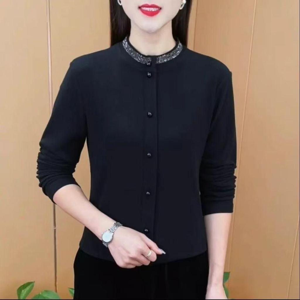 2024 Women's Solid Color Long-Sleeve Button-Down Shirt with Diamond Accents and Inner Layer for Autumn/Winter