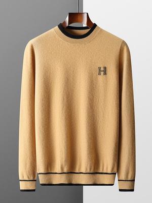 Men's Cashmere Crewneck Sweater with Embroidered Lettering - Long Sleeve Knit Pullover