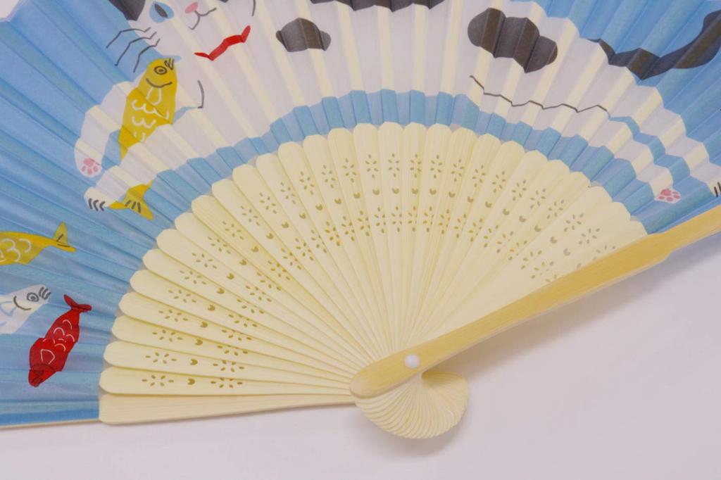 Kyosuke Japanese Pattern Silk Fan with Pouch - Cat (Blue) 21 x 38 x 2.5 cm - Cat Goods 4526847142568