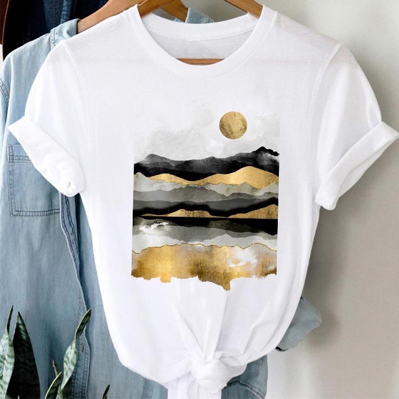 Fashion Casual Landscape Mountain Graphics Womens T-Shirt 90S Summer Blouse Loose White Short Sleeve O-Neck Female Tops Clothing