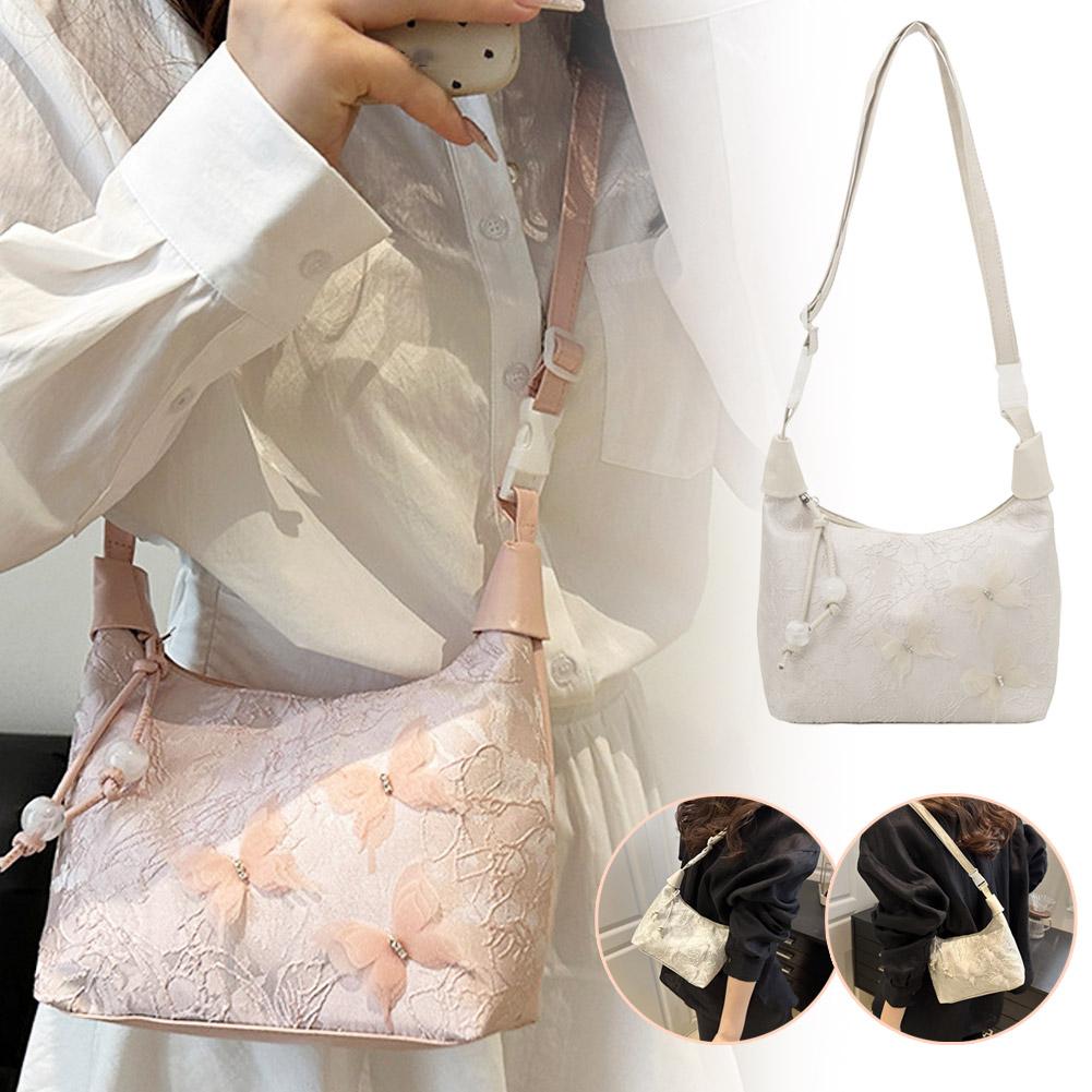 Embroidered Mesh bow Shoulder Bag Sweet Handbag Large Capacity Crossbody Bag Chinese Style Small Bucket Handbag for Women Girl