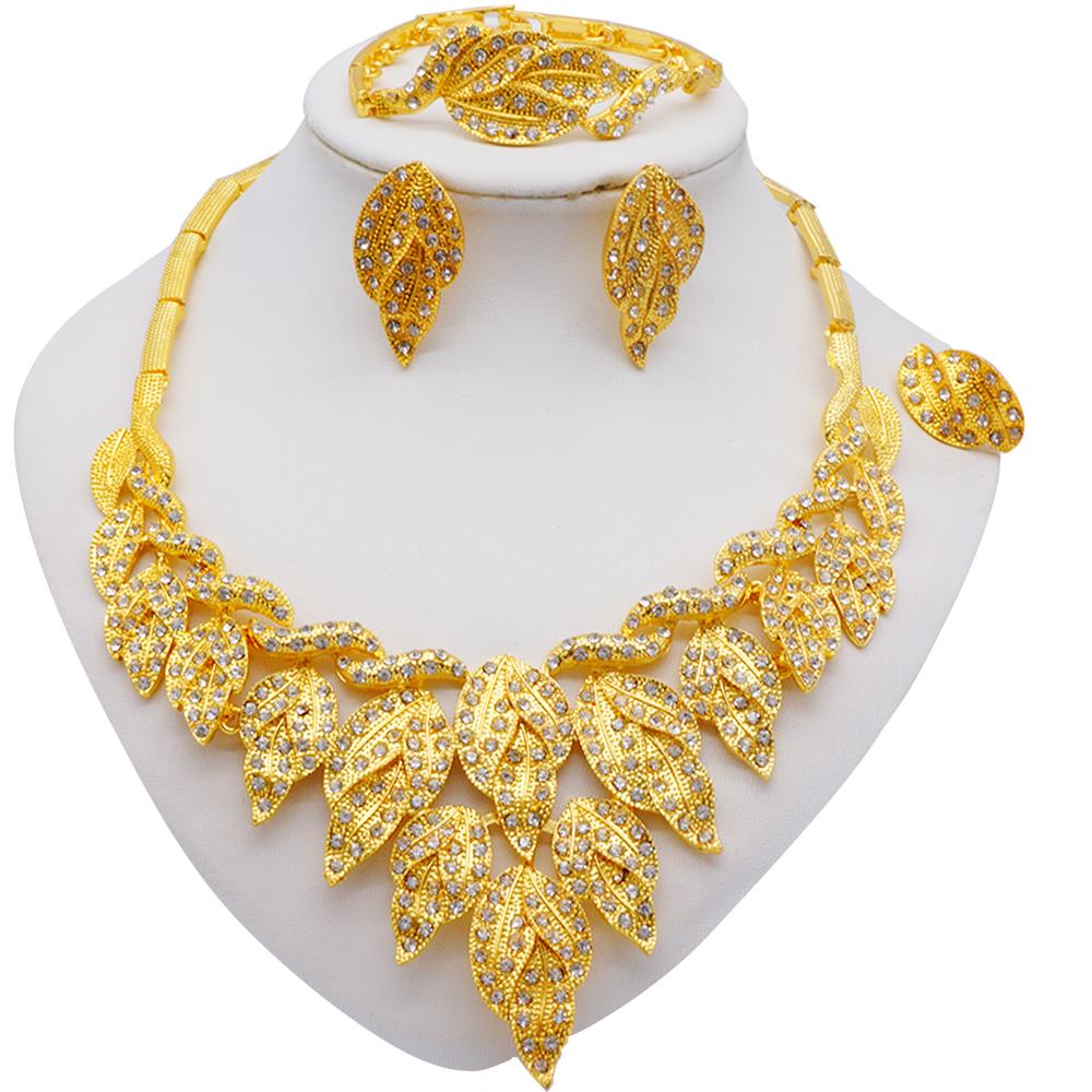 Cheap Jewelry Sets Wedding Crystal Leaves Fashion Bridal Gold Color