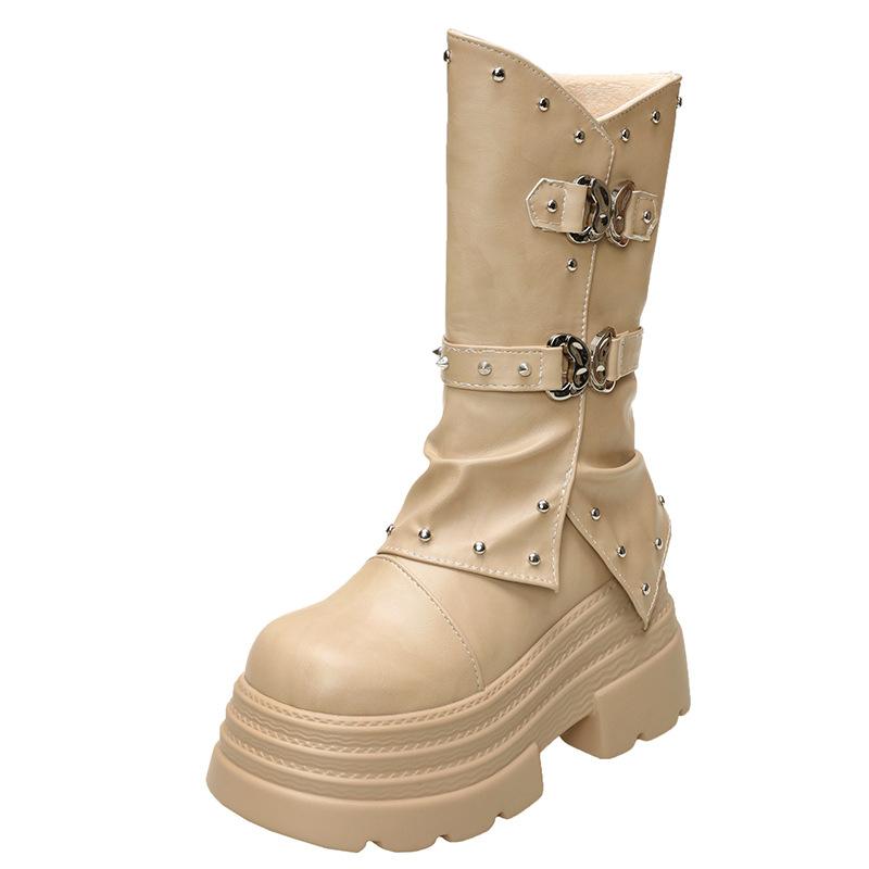 10cm Ultra-high Women's Platform Boots High Quality Leather Short Boots Women's Retro Design Rivet Knight Boots Botas Para Mujer