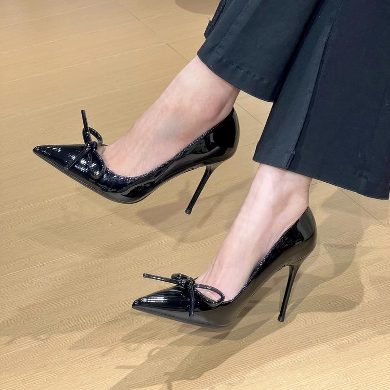 

Burgundy bow high heels women s patent leather temperament shallow mouth pointed head thin heel single shoes gentle new 40 чёрный