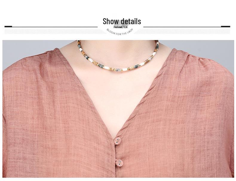 Women's Summer 2025 V-Neck Embroidered Ramie Blouse - Elegant Seven-Sleeve Design for Middle-Aged Ladies