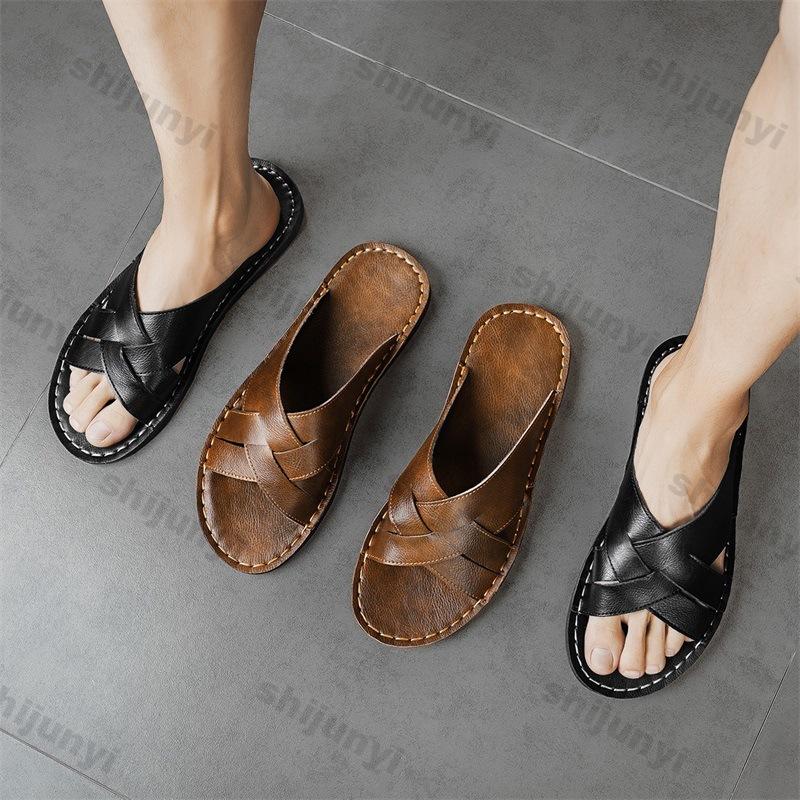 Fashion Summer Men's Plus Size Shoes 2025 Outdoor Breathable Open Toe One Word Slippers Comfortable Lightweight Flat Casual Slippers