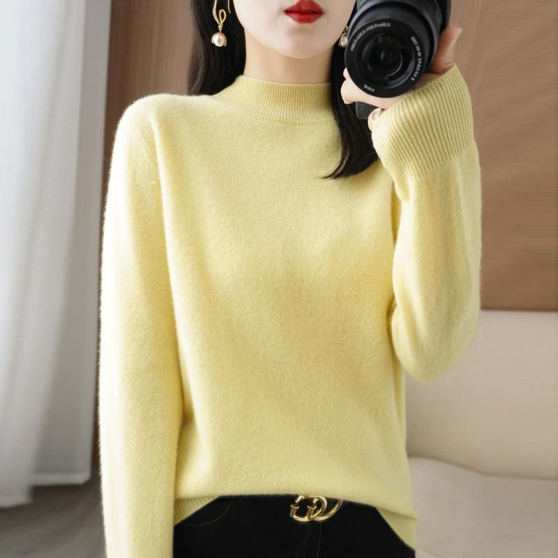 Autumn Winter Sweater Women's Korean Slim Pullover Sweater Half High Neck Knitted Sweater Short Style Solid Color Base Sweater Casual Sweater