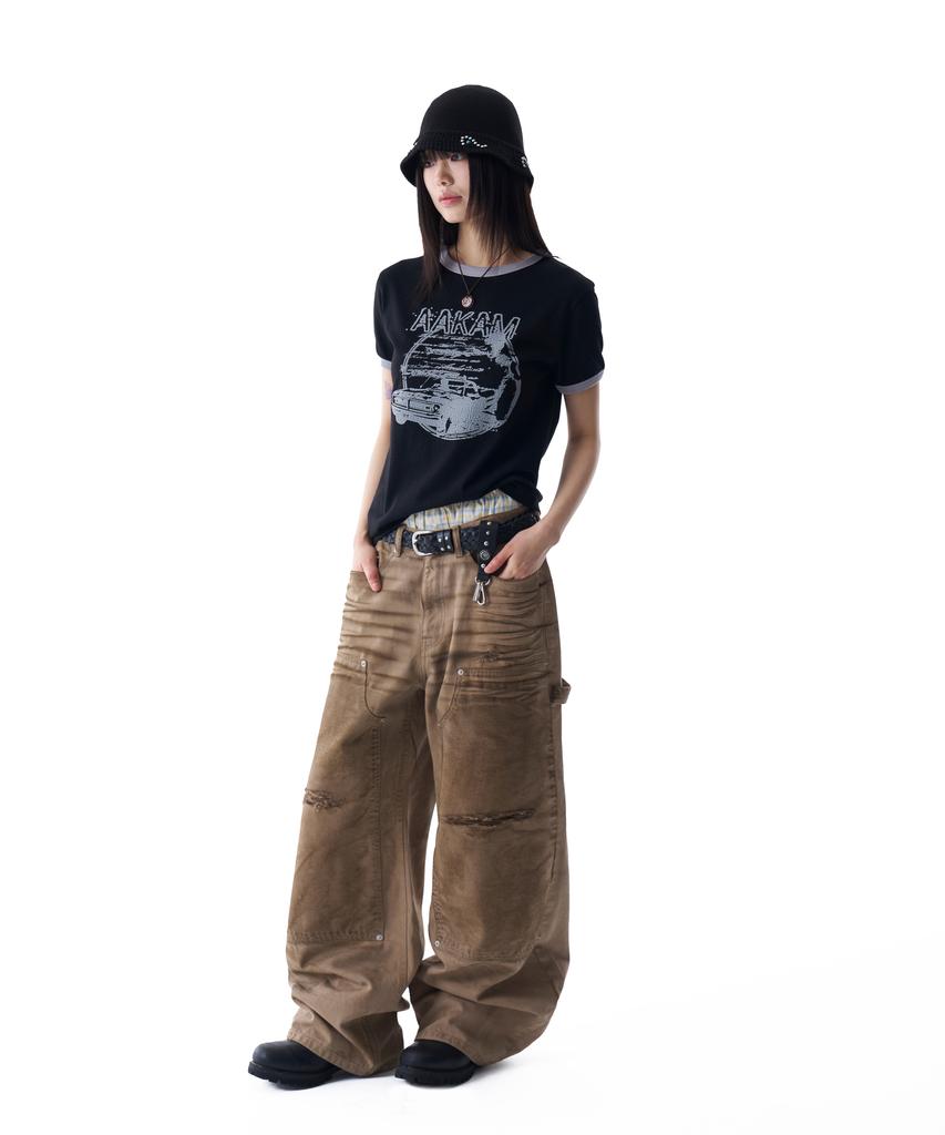 AAKAM Dirty Washed Double Knee Cotton Pants (Beige)